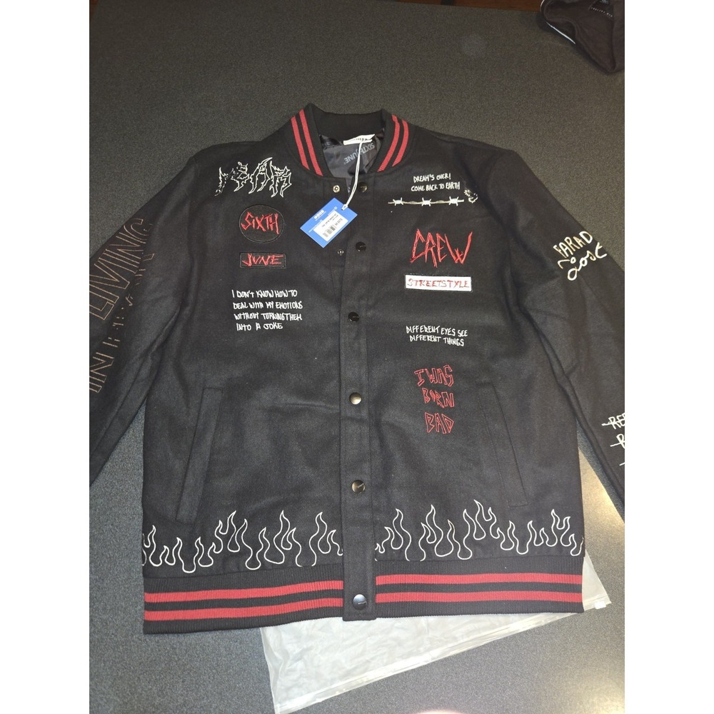 Sixth June Varsity Jacket 2XL NWT Black Embroidered Flames Streetwear
